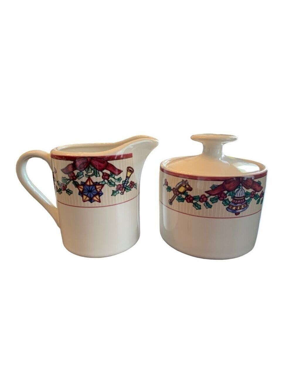 Fitz And Floyd Santas List Holiday Creamer Sugar Bowl Set 1994 Christmas Festive
